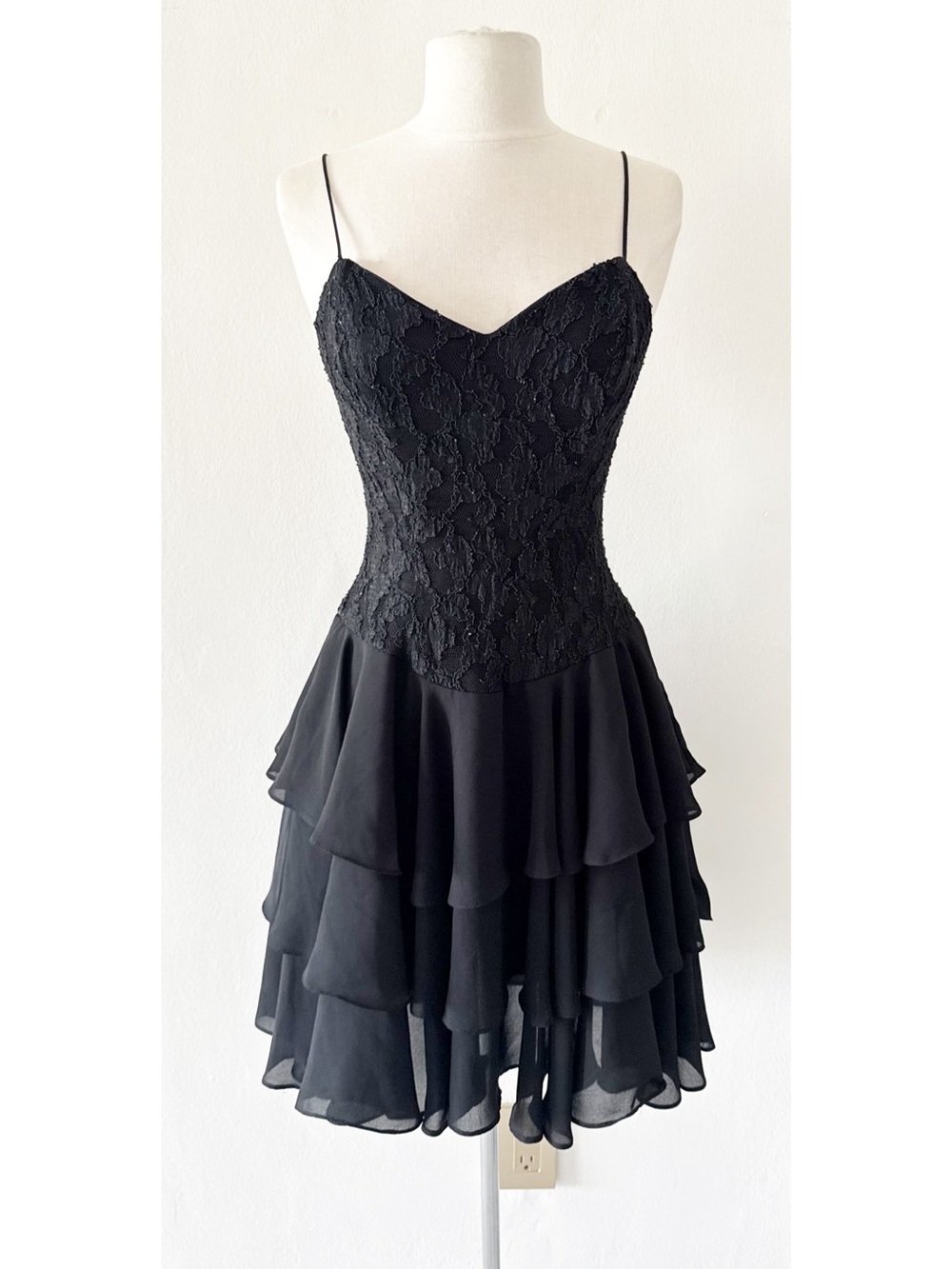 Vintage 90s Late Edition Black Lace & Chiffon Tiered Skirt Mini Cocktail Dress